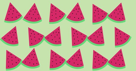 Composition of rows of watermelon slices on green background