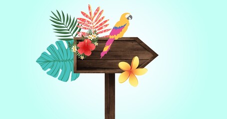 Composition of wooden sign with copy space, parrot and exotic leaves on blue background