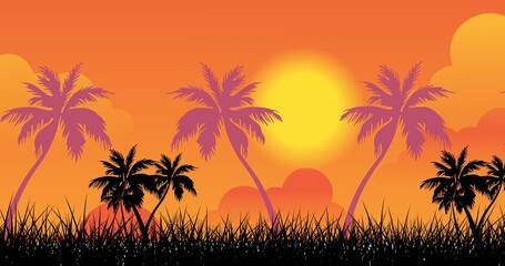 Fototapeta na wymiar Composition of palm trees over sunset on orange background
