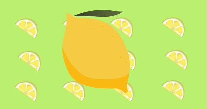 Composition of lemon and rows of lemon slices on green background