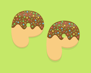 Illustration vector cartoon of "P" alphabet letter in the shape of sweet chocolate donut. Cartoon simple modern design. Suitable for design of food and kids product