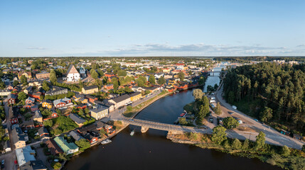 Fototapeta na wymiar Aerial panorama view of the old town of Porvoo and porvoonjoki river in summer in Finland