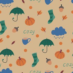 Cute autumn seamless pattern with hand drawn umbrella, rain cloud, autumn leaves, warm socks, dots, pumpkin, hot tea cup. Rainy weather cozy hygge Scandinavian background. Vector ambient backdrop
