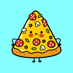 Cute sad pizza character. Vector hand drawn cartoon kawaii character illustration icon. Isolated on blue background. Pizza character concept