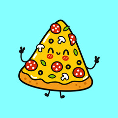 Cute funny pizza character. Vector hand drawn cartoon kawaii character illustration icon. Isolated on blue background. Pizza character concept