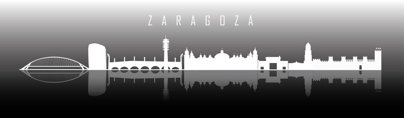 White Zaragoza skyline on black background with reflection