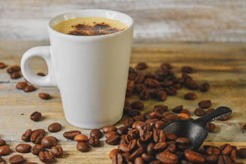 Coffee beans on wooden Close Up 