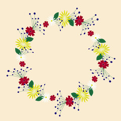 Colorful vector wreath of wild flowers. Flora. Wreaths, flower frames, Can be used for greeting card design or background