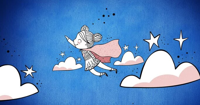 Animation of flying super hero girl , over night sky