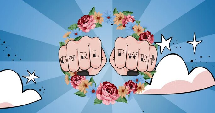 Animation of text girls power on female fists, over night sky and flowers