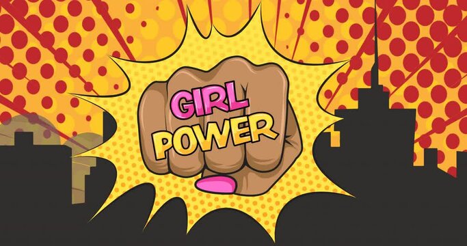 Animation of text girls power on female fist, over cityscape