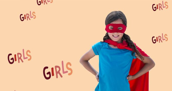 Animation of girl in superhero costume over multiple girl power text on pink