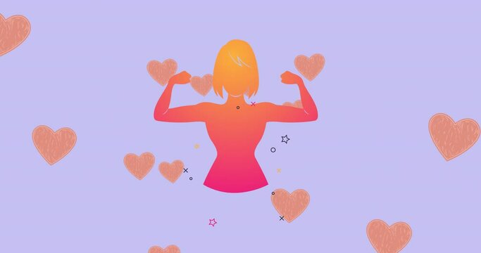 Animation of strong woman icon, over flying hearts