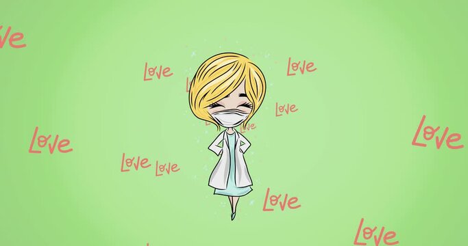 Animation of female doctor, over flying love text