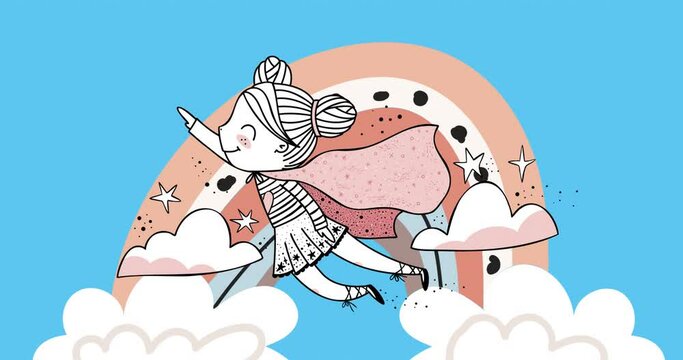 Animation Of Flying Super Hero Girl , Over Clouds And Rainbow