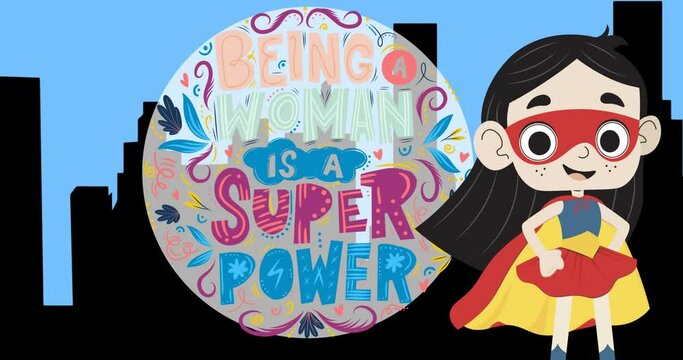 Animation of super hero girl ,over feminist text