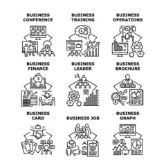 Business Training Set Icons Vector Illustrations. Business Training And Conference, Job Brochure And Graph Card, Leader Finance Operations And Management. Profession Education Black Illustration