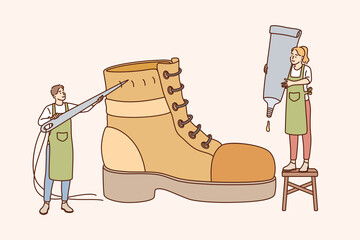 Shoemaker and designing footwear concept. Male and female characters standing mending shoe for handmade shoes, retro manufacturing for customers vector illustration