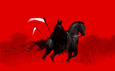 Digital illustration painting design style reaper riding the black horse, against life after dead. © thanawong