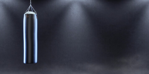 Punching bag with atmospheric studio light and empty space.