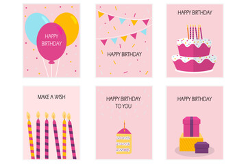 Set of birthday cards with cakes, balloons and candles
