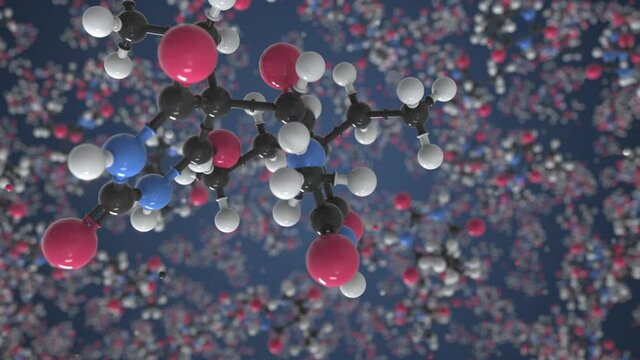 Barbital molecule, conceptual molecular model. Scientific looping 3d animation