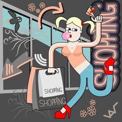 clip art print - funny cartoon character, shopaholic girl with purchases, pop art style - obrazy, fototapety, plakaty