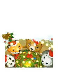 cartoon christmas scene forest animals with presents