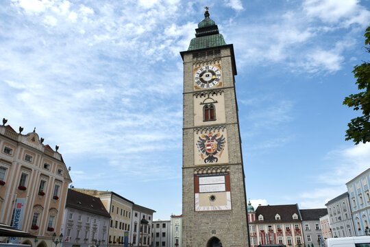 Stadtturm und Stadtplatz von Enns, Ober&ouml;sterreich, &Ouml;sterreich, Europa