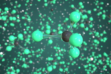 Chlorotrifluoromethane molecule made with balls, conceptual molecular model. Chemical 3d rendering