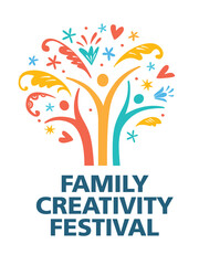 Fototapeta na wymiar Family creativity logo. Three figures in the form of a tree. Ornaments and decorative elements fly away. Vector color graphics