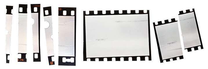 destroyed and damaged 35mm film frame snips on white background, retro scratched photo placeholder.