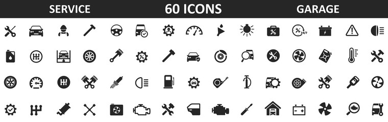 Auto service, garage, car, 60 icons set. Repair cars, car detail. Vector illustration.