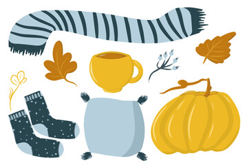 Autumn cozy collection of elements, set with mug, scarf, pillow, socks, pumpkin, pumpkin drink, autumn leaves, home collection for cozy evening, cute illustration, cartoon style, hygge autumn, vector