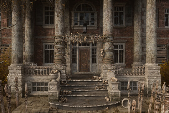 3D illustration of a creepy old mansion house entrance with human bones on the stone columns and steps.