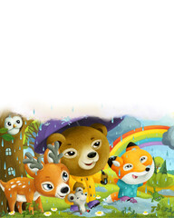 Obraz na płótnie Canvas cartoon forest animals friends walking in the rain