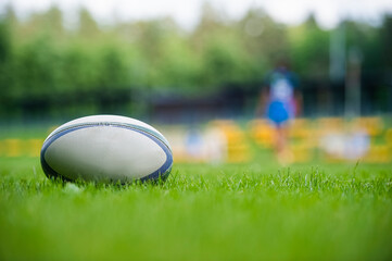 Rugby ball on grass in the stadium. Professional sport concept - obrazy, fototapety, plakaty