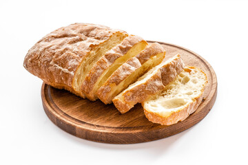 Fresh bread ciabatta loaf close up. Bakery background