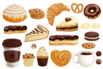 Set of sweet desserts, baked croissant, eclair cake, cinnamon bun, oatmeal cookies, cupcake, glass of coffee, chocolates, festive pastries and favorite drink.Vector cartoon graphics