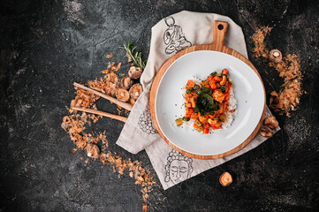 Asian rice with vegetables and fried chicken with curry close up. Traditional pan asian cuisine. Top view. High quality photo