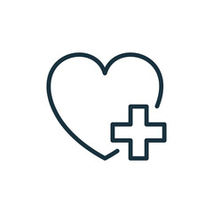 Heart with Plus Line Icon. Donation Concept. Charity and Humanitarian Aid Linear Pictogram. Healthcare Assistance Outline Icon. Editable Stroke. Isolated Vector Illustration