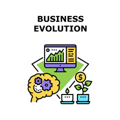 Business Evolution Develop Vector Icon Concept. Brain Thinking Process For Planning Strategy Of Business Evolution, Earning Money And Researching Innovation Technology Color Illustration