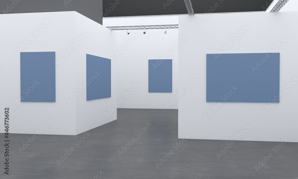 Poster 3d rendering of an art gallery with empty frames for pictures
