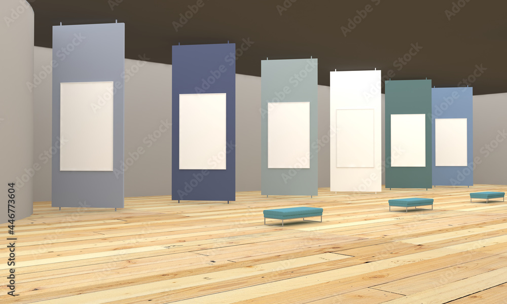 Poster 3d rendering of an art gallery with empty frames for pictures