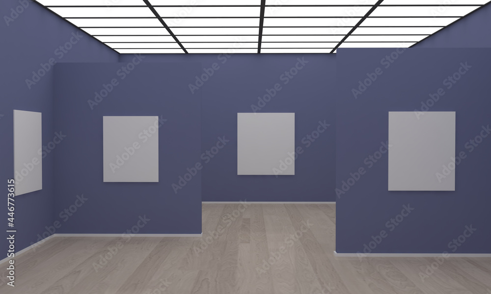 Poster 3d rendering of an art gallery with empty frames for pictures