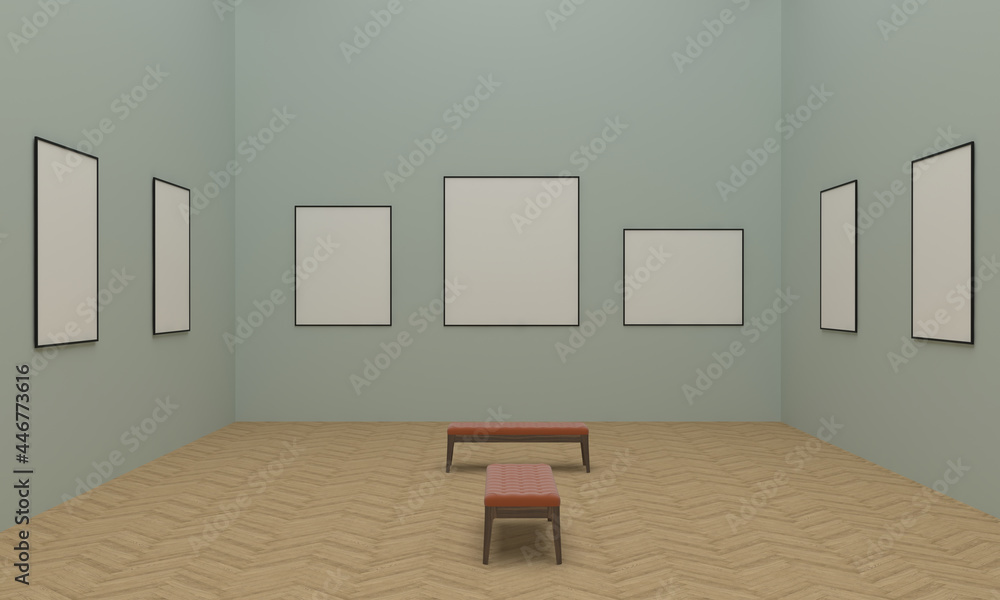 Poster 3d rendering of an art gallery with empty frames for pictures