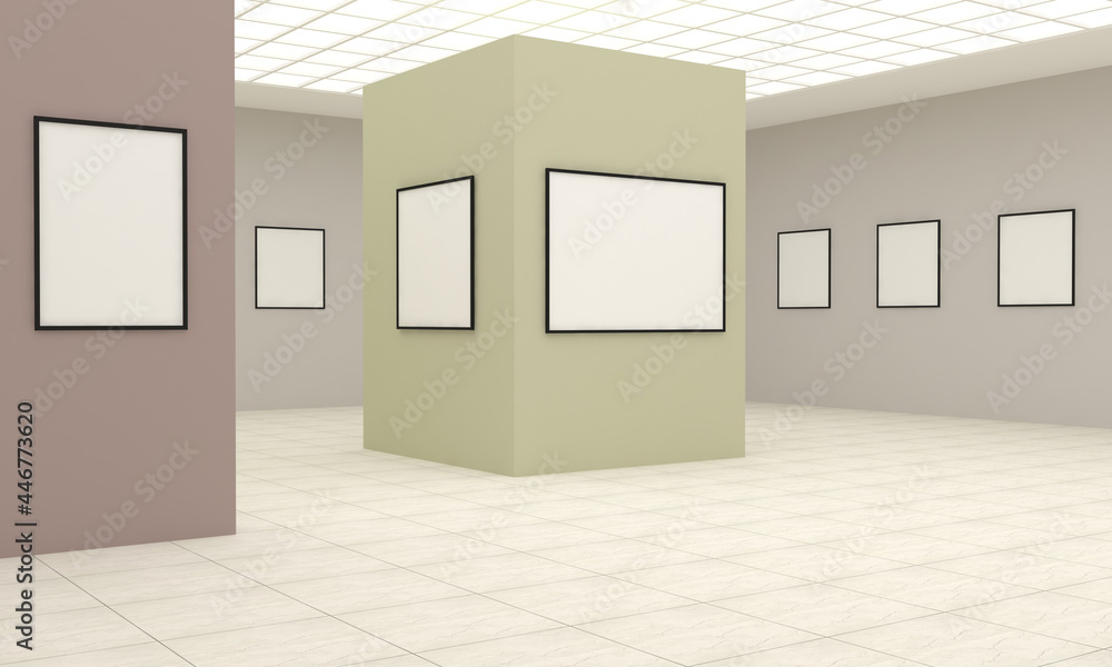 Poster 3d rendering of an art gallery with empty frames for pictures