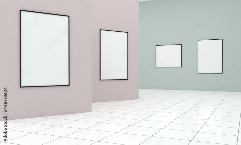 Poster 3d rendering of an art gallery with empty frames for pictures