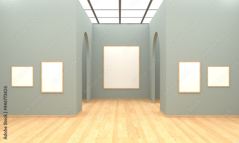 Poster 3d rendering of an art gallery with empty frames for pictures