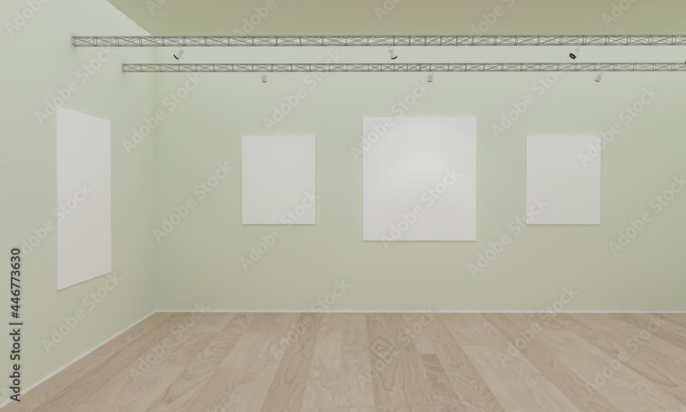Poster 3d rendering of an art gallery with empty frames for pictures